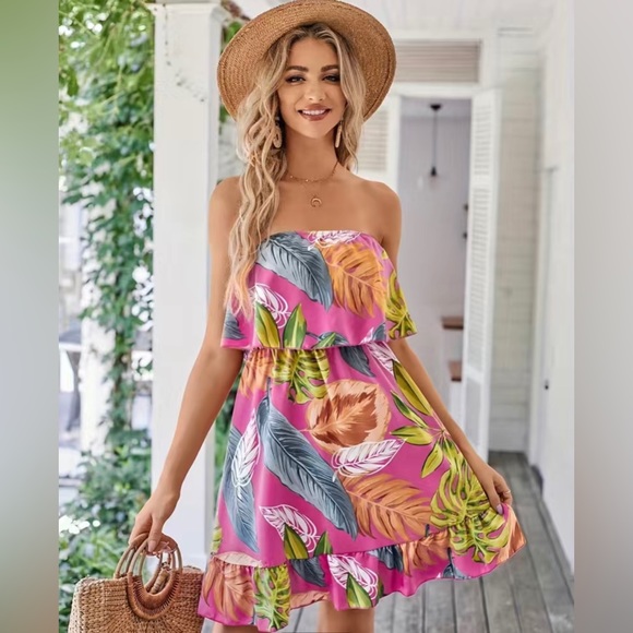 Dresses & Skirts - NEW Pink Tropical Strapless Ruffle Dress Sz L Large